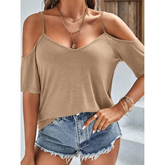 Womens Summer Cold Shoulder Tops Rayon Blend V Neck Casual Loose Fit - Picture 5 of 5